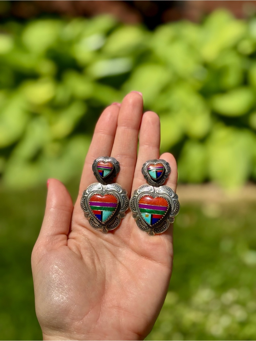 Navajo gemstone inlay heart earrings